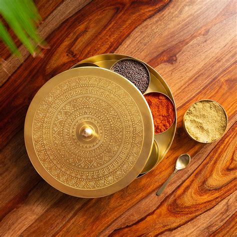 ExclusiveLane 'Floral' Brass Spice Box for Kitchen with Spoon (7 ...