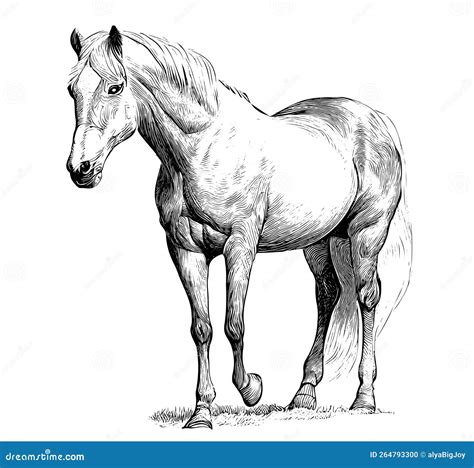 Beautiful Horse Standing Hand Drawn Engraving Style Sketch Stock Vector ...