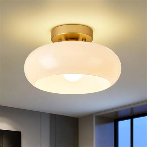 Mid-Century Modern Gold Semi Flush Mount Ceiling Light,White Glass Dome ...
