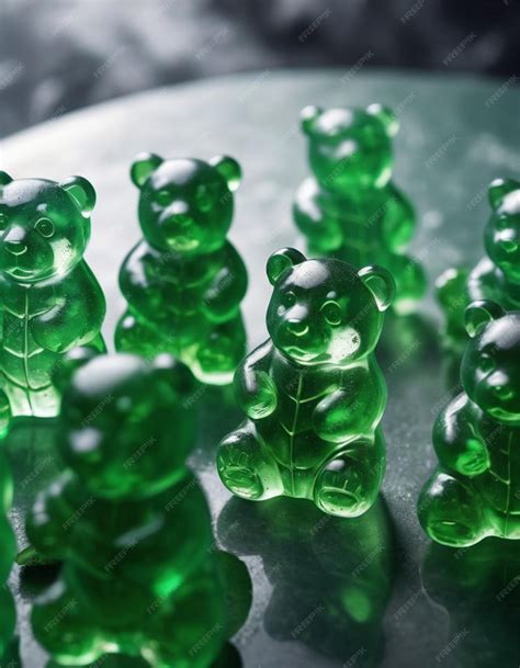Premium Photo | A group of green gummy bears are on a glass table