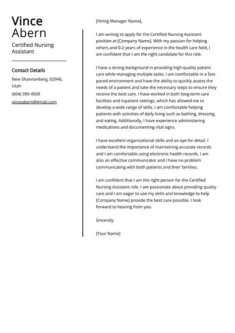 Certified Nursing Assistant Cover Letter Example for 2024 (Skills ...