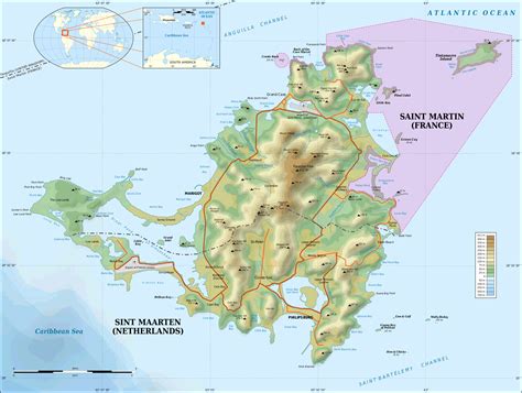 Large detailed topographical map of Saint Martin island. St. Maarten ...