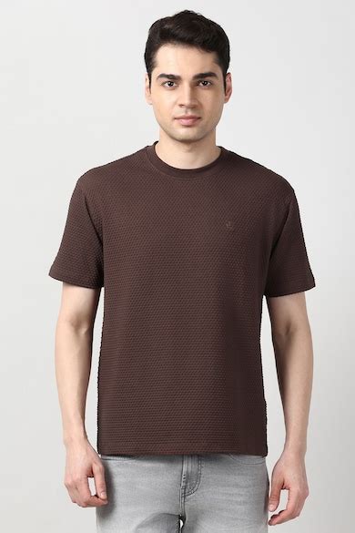 Peter England Jeans Round Neck T-Shirts, Men Brown Textured Round Crew ...