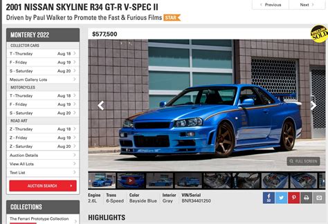 Sold for $840,122: Paul Walker's 2001 Motorex Nissan R34 GT-R V-Spec II ...