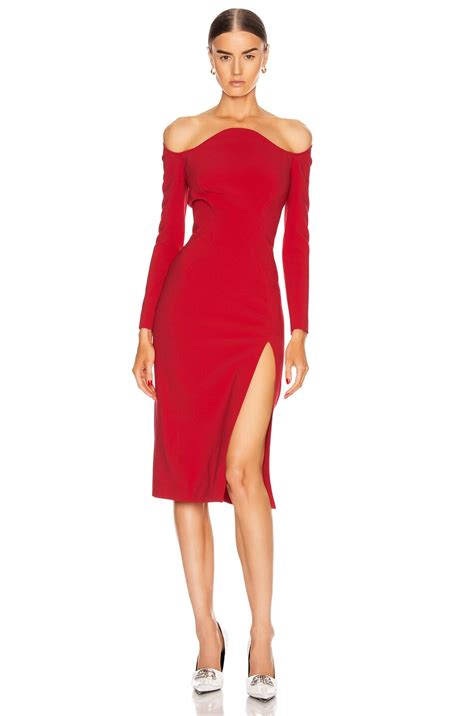 Mugler Off the Shoulder Slit Midi Dress in Red | FWRD