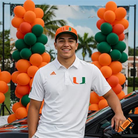 Young man in University of Miami apparel poses at a photo shoot with ...
