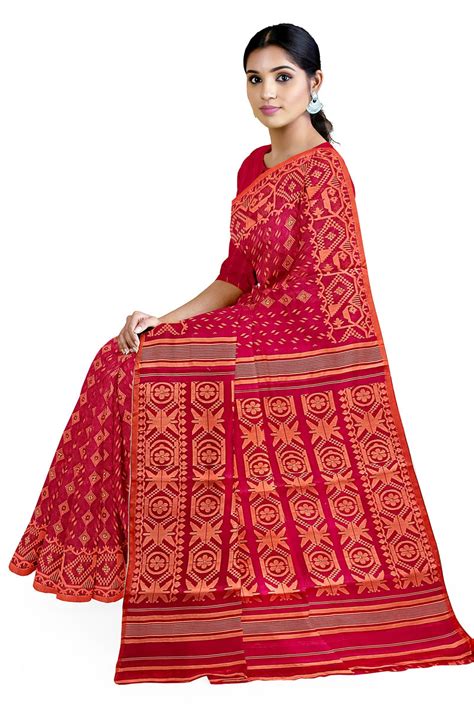 Pinkish Red and orange, silk by cotton handloom Jacquard – Balaram Saha