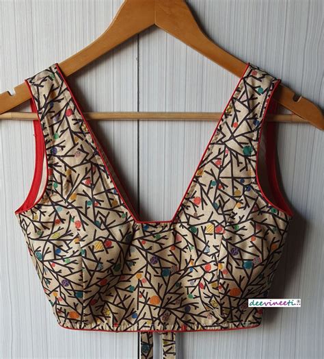 Beige Printed Khadi Silk Blouse Trapeze Neck Blouse DVBL_069 ...