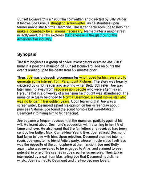 Sunset Boulevard (1950) - Summary and Analysis of Themes - Studocu