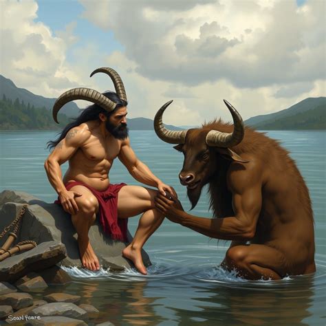 Satyr a half goat half man being wanted by a Minotaur a half bull half ...