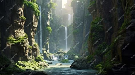 Premium AI Image | A waterfall in a canyon with a green forest in the ...