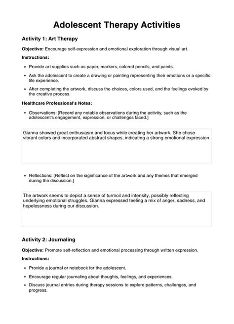 Adolescent Therapy Activities PDF & Example | Free PDF Download