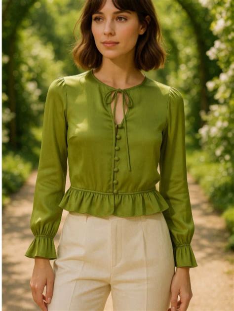 Satin Button-Front Peplum Blouse – Tie Neck Detail & Flounced Cuffs ...