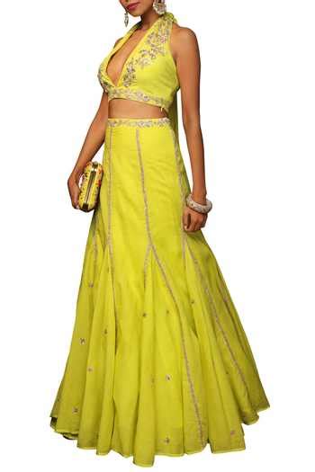 Buy Yellow Organdy Plunging V-shaped Neckline Embroidered Blouse ...