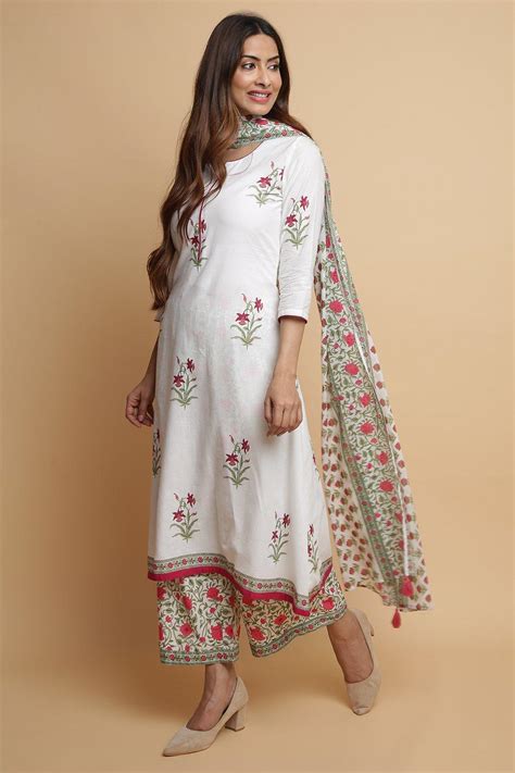 White Cotton A-Line Kurta Palazzo Suit Set