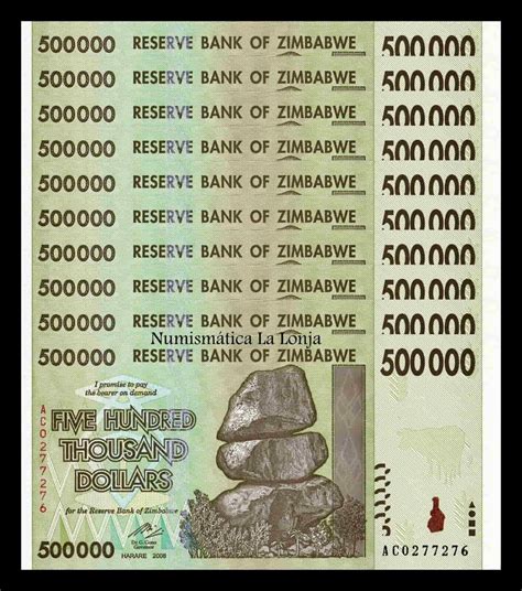 Zimbabwe Lote 10 billetes 500000 Dólares 2008 Pick 76 Sc Unc ...