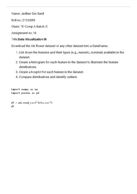 21CO050 A10.ipynb - Colab - Name: Jadhav Om Sunil Roll no.:21CO Class ...