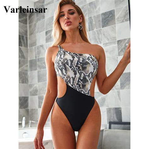 2020 New Sexy One Shoulder Cut Out Splicing Women Swimwear One Piece ...