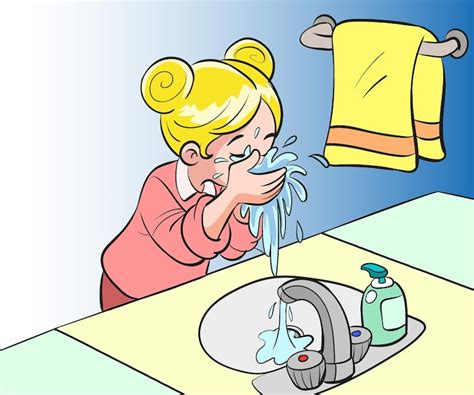 Illustration of girl washing her face in bathroom | Premium Vector
