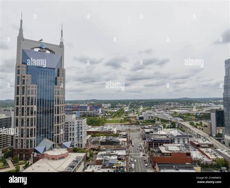 Aerial view of the city of Nashville, TN located on the Cumberland ...