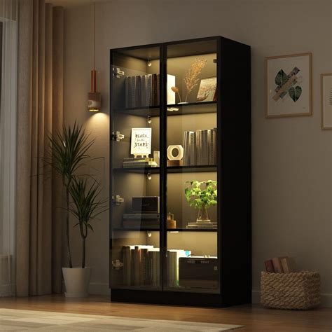 FAMAPY Display Cabinet with Glass Doors and Lights, 4-Tier Storage ...
