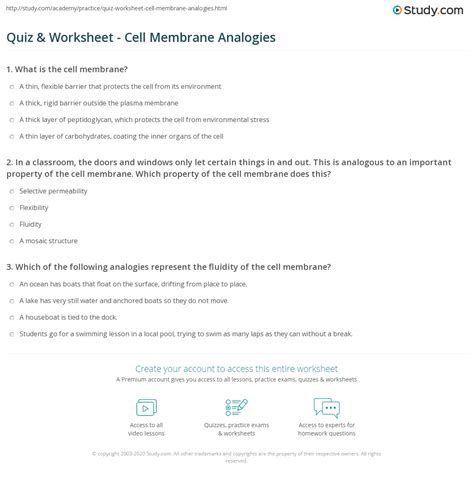 Quiz & Worksheet - Cell Membrane Analogies | Study.com