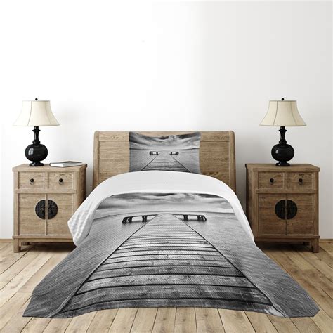 Ambesonne Black and White Bedspread Set Old Pier on Sea Black and White ...