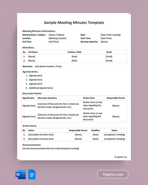 Sample Meeting Minutes Template - Word | Google Docs - Highfile