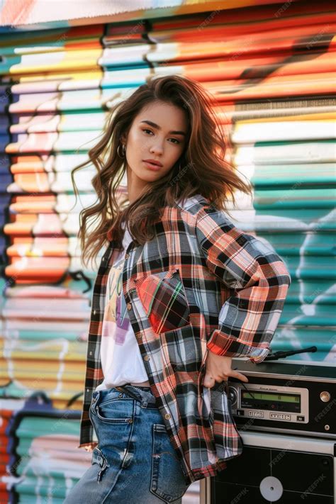 Premium Photo | A young woman wearing a vintage flannel shirt and ...