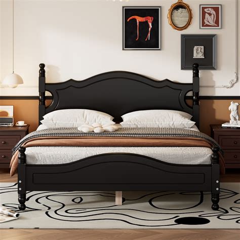 Queen Size Wood Platform Bed Frame with Headboard &Curved Backboard ...