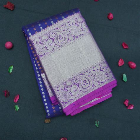 Navy Blue Kanchipuram Silk Saree with Silver Zari - Vivaaha Silks ...