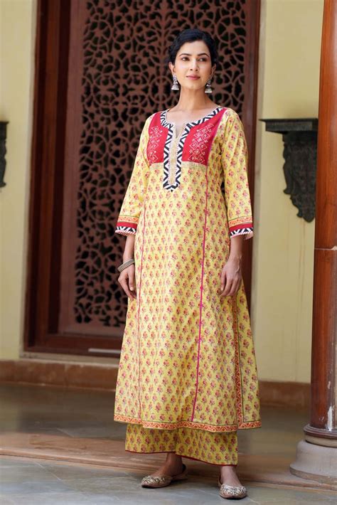 Mustard Yellow Straight Fit Kurta/Pant Set In Handblock Cotton | Cotras
