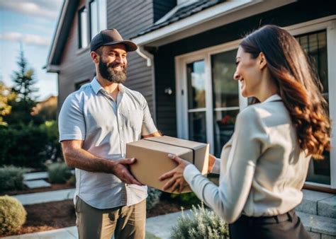 Delivery man handing parcel to a happy customer at doorstep | Premium ...