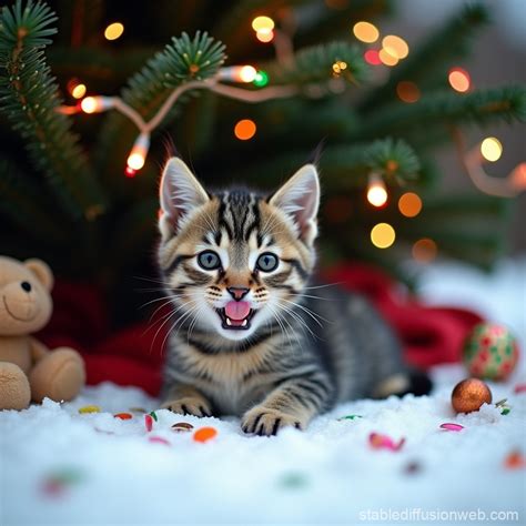 Gray Tabby Kitten Under Christmas Tree | Stable Diffusion Online