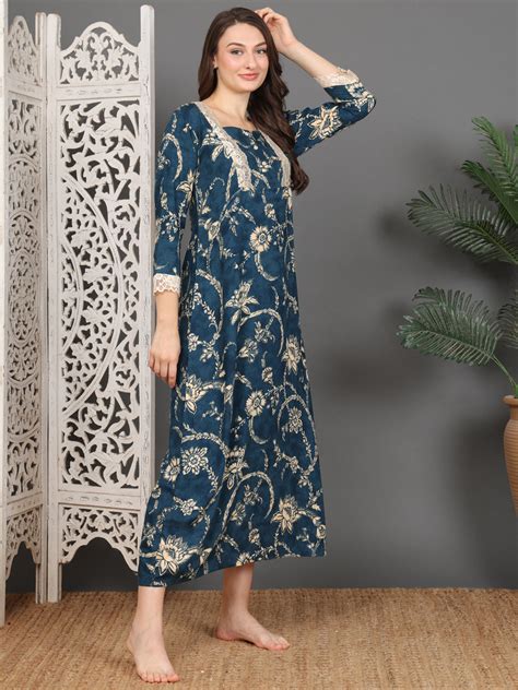 Navy Blue Abstract Viscose Rayon Nighty | Claura