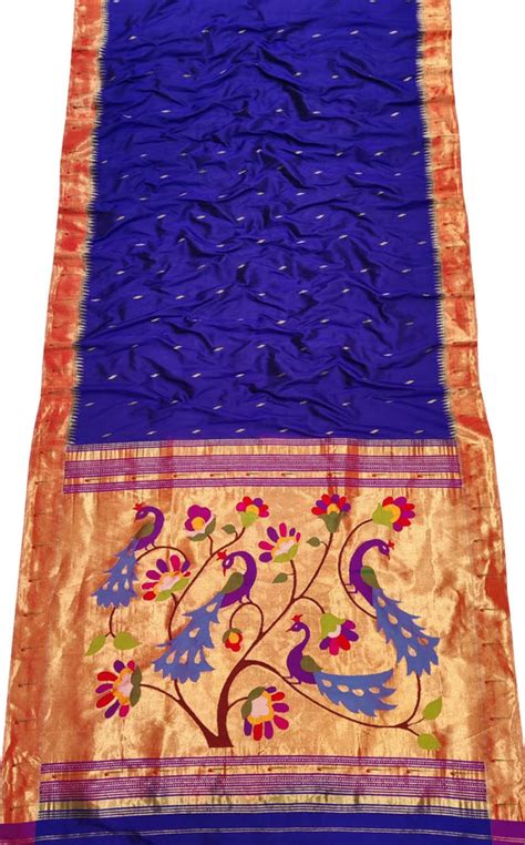 Blue Handloom Paithani Pure Silk Peacock Design Muniya Border Saree ...