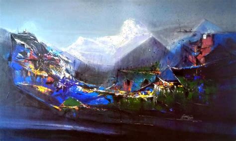 "Dream Village 2": Blue Acrylic Painting by Dnyaneshwar Dhavale ...