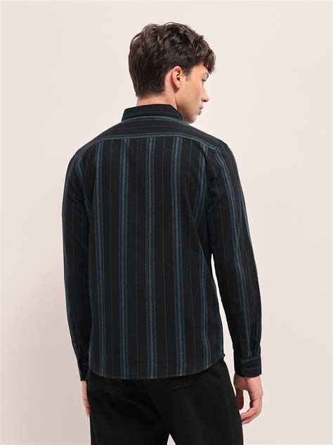Shop Black Vertical Stripe Slim Fit Cotton Casual Shirt Online ...