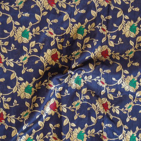 Banarasi Brocade Blue With Golden Flower Jaal Fabric – Sanskruti