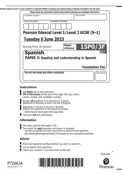 Pearson Edexcel Level 1/Level 2 GCSE (9–1) Spanish PAPER 3: Reading and ...