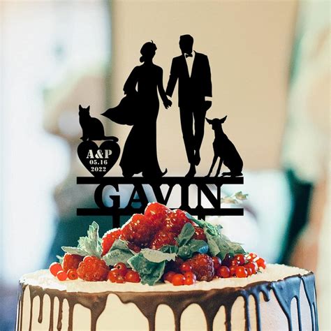 Bride And Groom Silhouette Wedding Cake Topper With Dog Doberman And ...