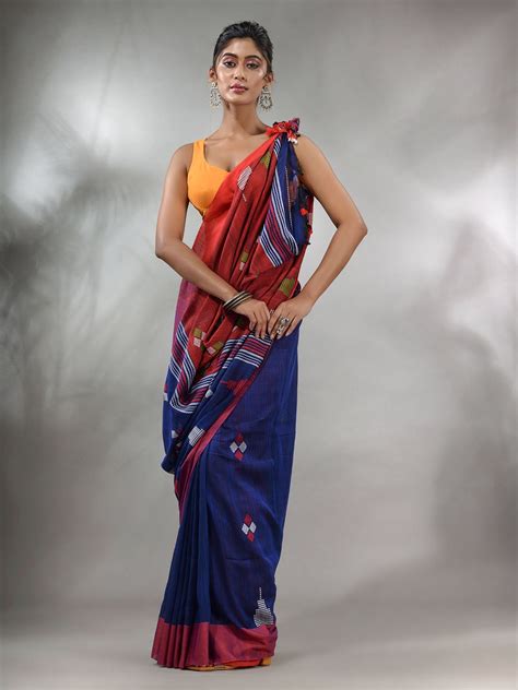Blue Cotton Handspun Handwoven Saree With Thread Work – Charukriti
