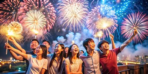 A group of people are watching fireworks and the word happy on the ...
