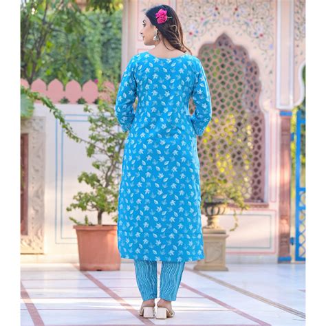 Blue Printed Pure Cotton Straight Kurti Sets