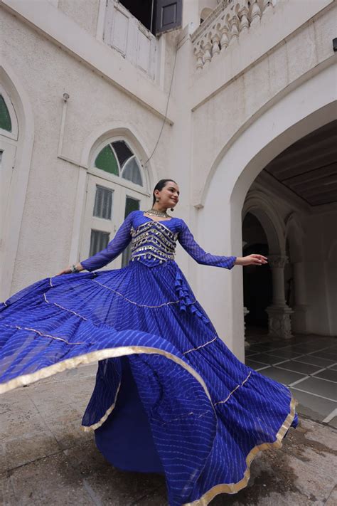 Blue Navratri Special Leheriya Print Lehenga Choli with 12 M