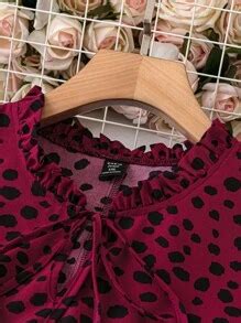 Plus Size Polka Dot Print Collared Tie Neck Puff Sleeve Blouse | SHEIN USA