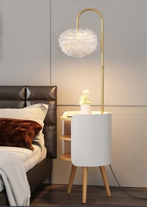 Hdc Feather Floor Lamp With Bedside Table Shelf Integrated Ins Wind Ta