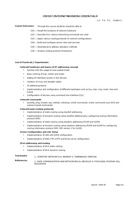 307 - syllabus - CSE307:INTERNETWORKING ESSENTIALS Course Outcomes: CO1 ...