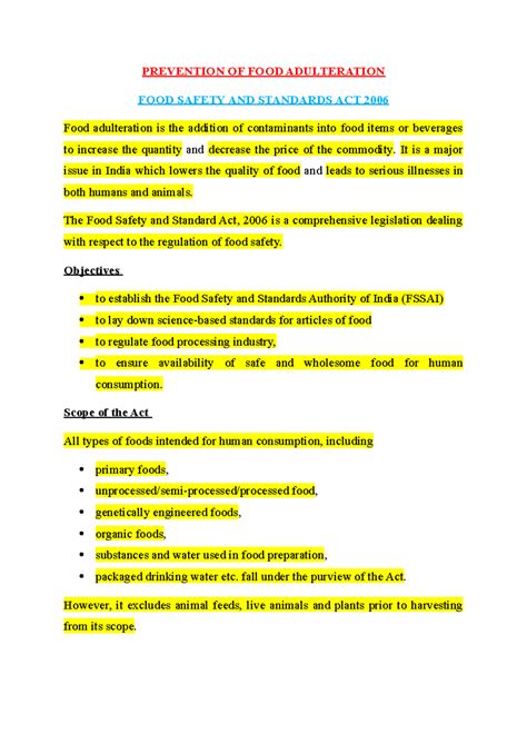 Prevention of Food Adulteration & Safety Standards Act 2006 - Studocu