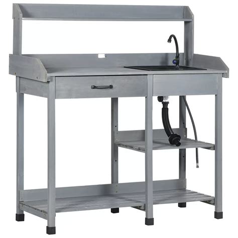 Outsunny Outdoor Garden Potting Bench Table with Hooks, Faucet Sink